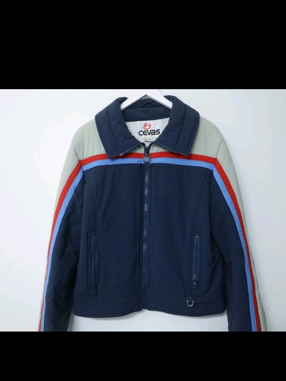 Vintage Cevas Women's Ski Jacket Quilted Puffer Zip Up Blue White Red Size 42